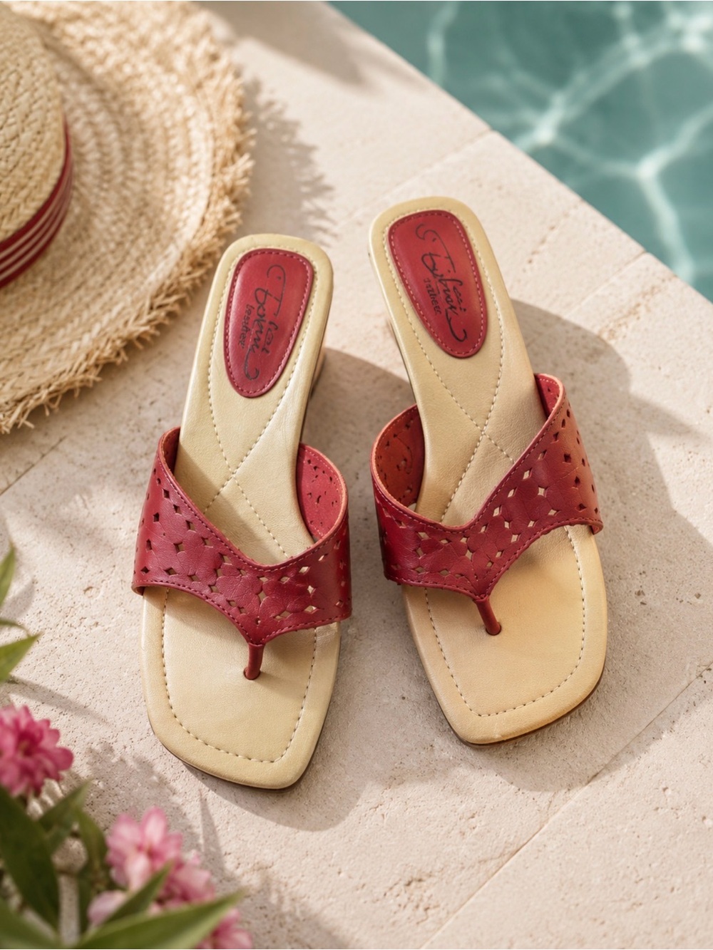 Fioni Red Leather Thong Sandals Women’s Size 6.5 Perforated Slip On Flip Flops